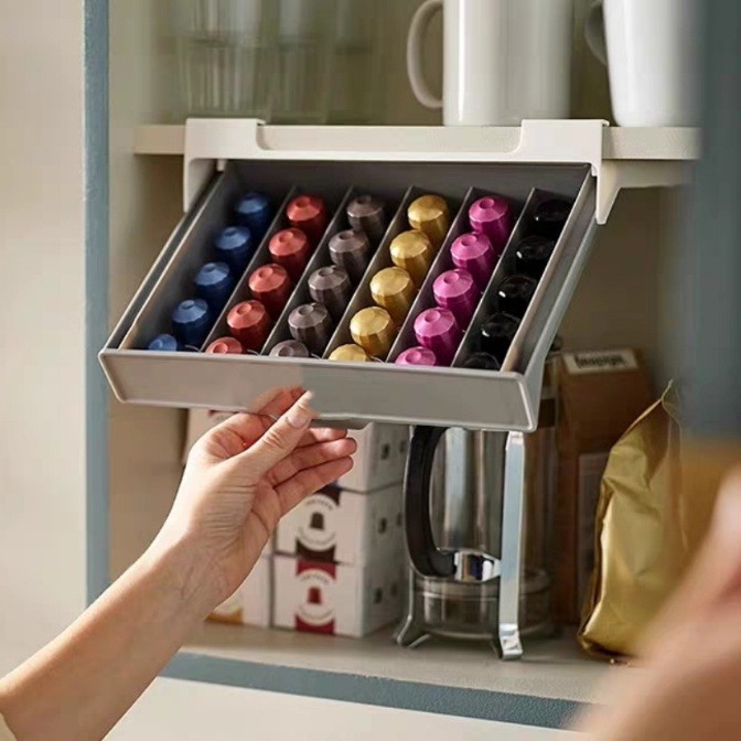 Coffee Tea Containers - コーヒーカプセルホルダー カプセルコーヒー ティーバッグ収納ラック 引き出し整理ボックス 穴あけ不要 省スペース収納ボックス