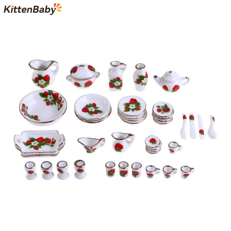 Tea Coffee Pot Set - 1セット1:12ミニチュアドールハウス花パッテン磁器コーヒーティーカップセラミック食器ドールハウスキッチンアクセサリー
