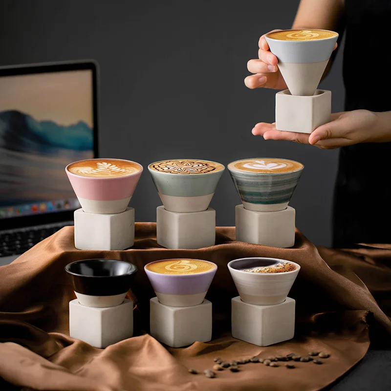 Coffee Tea Latte - 1個入り レトロな日本風三角円錐形陶器製茶・コーヒーカップ、プルハンドル付きセラミックマグ、ラフなラテ用磁器カップ、家庭・オフィス用