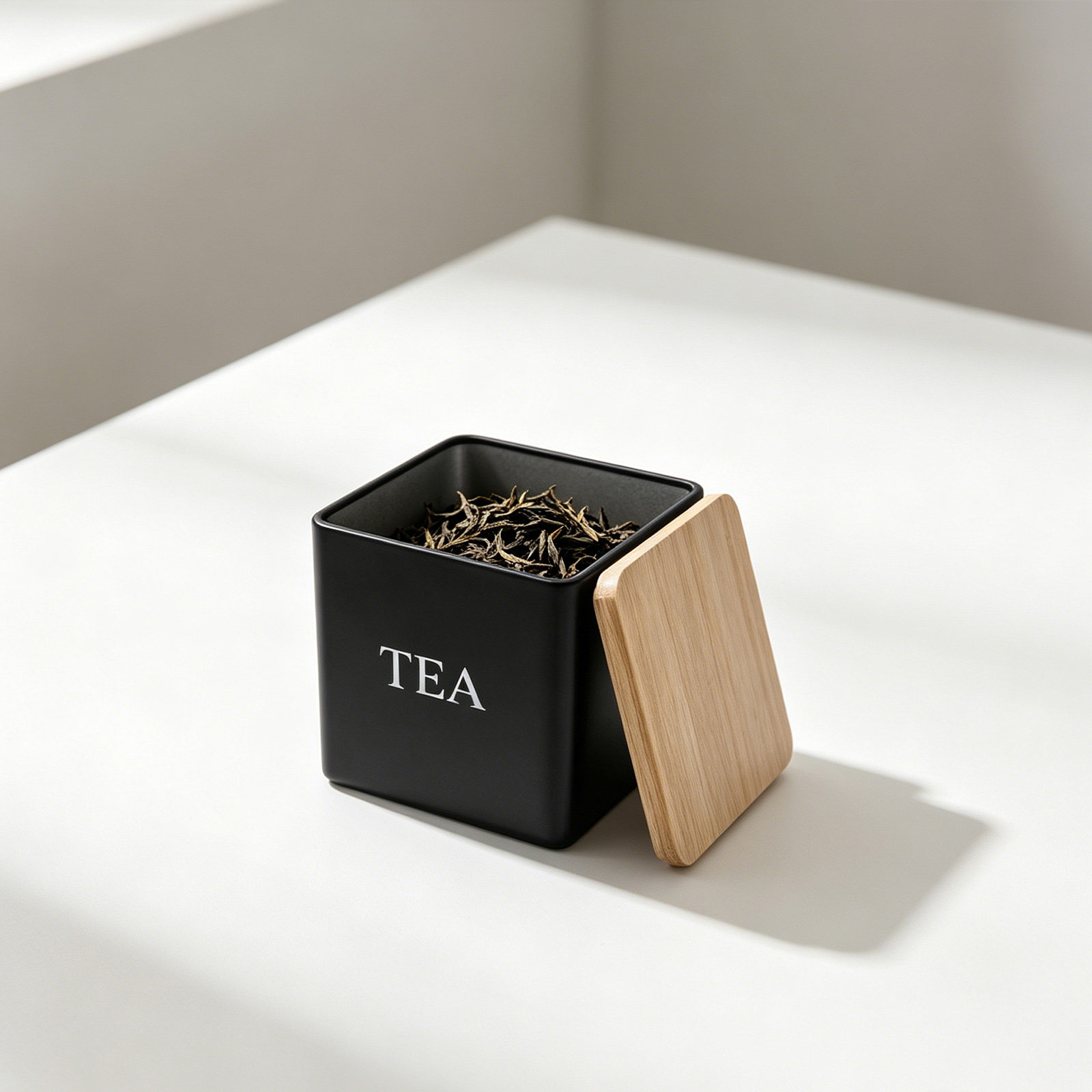 Coffee Tea Containers - 3個入り金属製茶葉・コーヒー・砂糖キャニスターセット、竹製蓋付き600ml角型キッチン収納容器、カウンター用、ラベル付き、気密