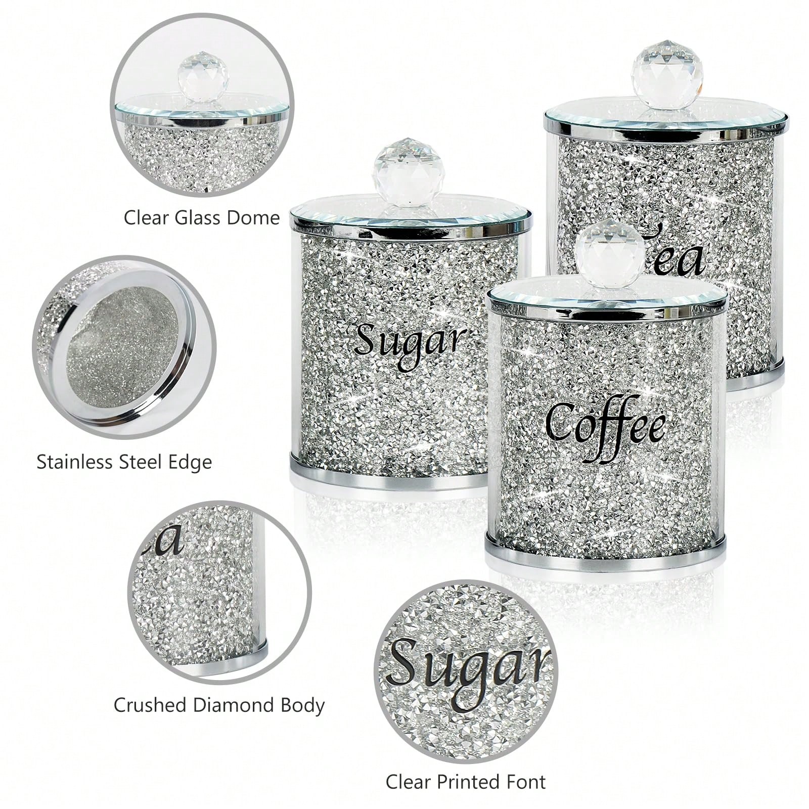 コーヒー、砂糖、紅茶用キャニスターセット、キラキラ輝くクラッ - Coffee Tea Containers のレビューと価格