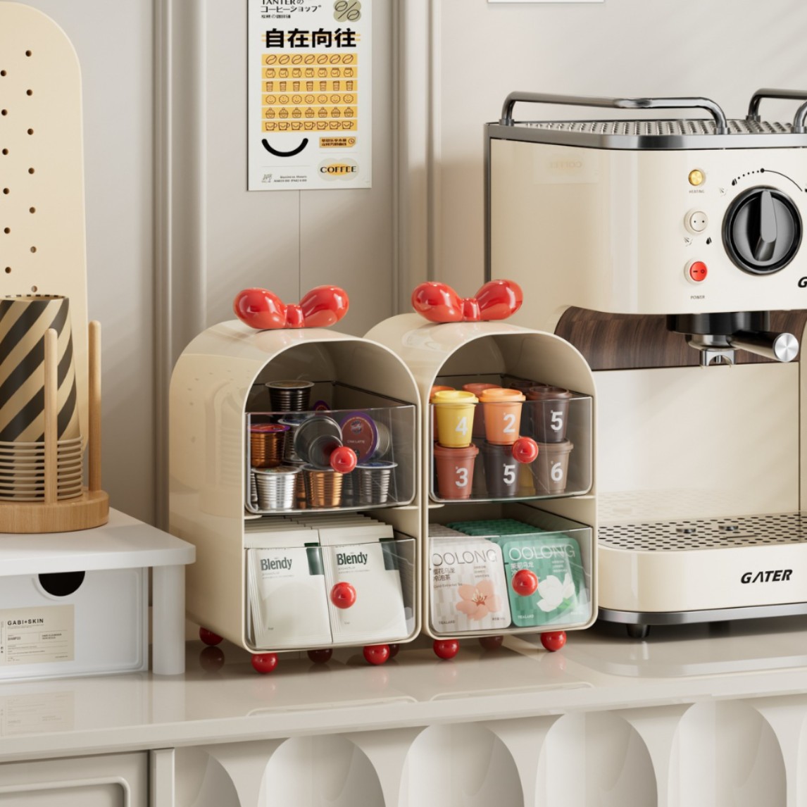 クリーミーカラーコーヒーカプセルオーガナイザー、2段引き出し - Coffee Tea Containers のレビューと価格